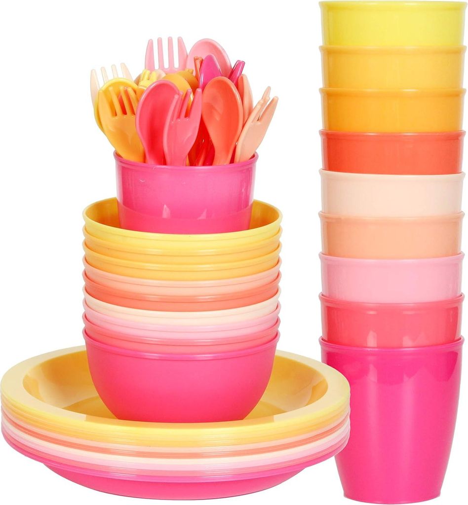 54 Teile Geschirr für Kinder - Wiederverwendbares Plastikgeschirr - Schalen für Kinder - Becher für Kinder - Teller für Kinder (Pink)