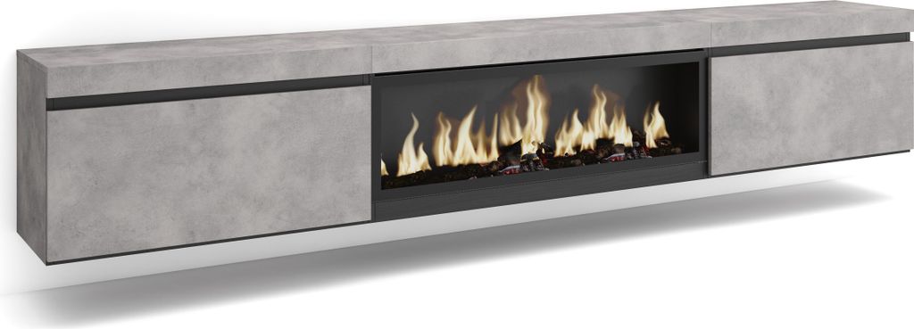 A long, modern TV cabinet with a built-in electric fireplace, presented against a white background.