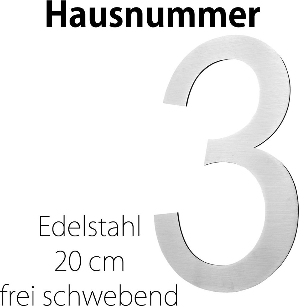 Edelstahl Hausnummer 20 cm Groß Gross Haus Nummer 3 Zahlen Hausnummernschild Hausnummern Schild Gebürstet 2D Arial V2Aox