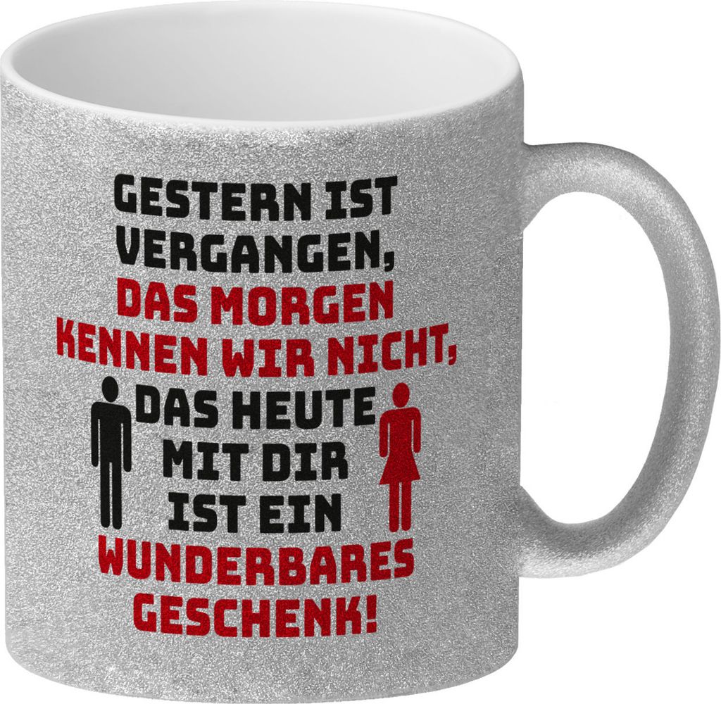 Liebeserklärung Glitzer-Kaffeebecher mit Spruch Du wunderbares Geschenk