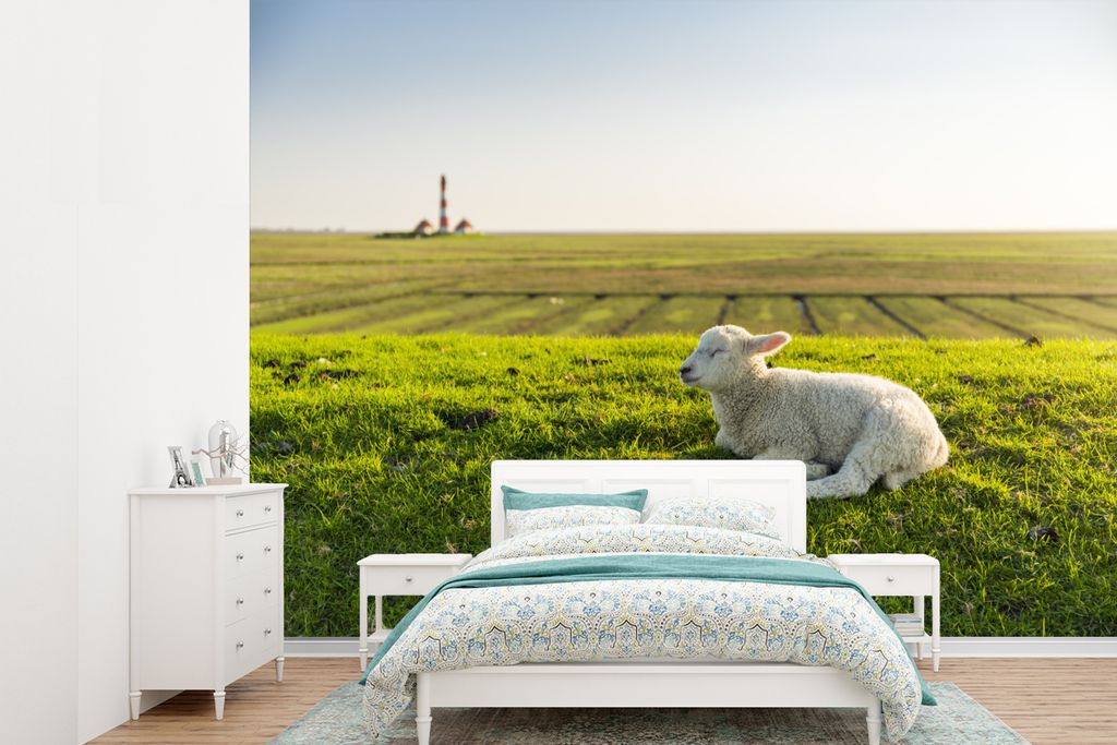 MuchoWow Fototapete für Wohnzimmer oder Schlafzimmer Wandtapete Vinyl Motivtapete Schafe - Rast - Wiese - Frühling - 330x240 cm - Vinyltapete