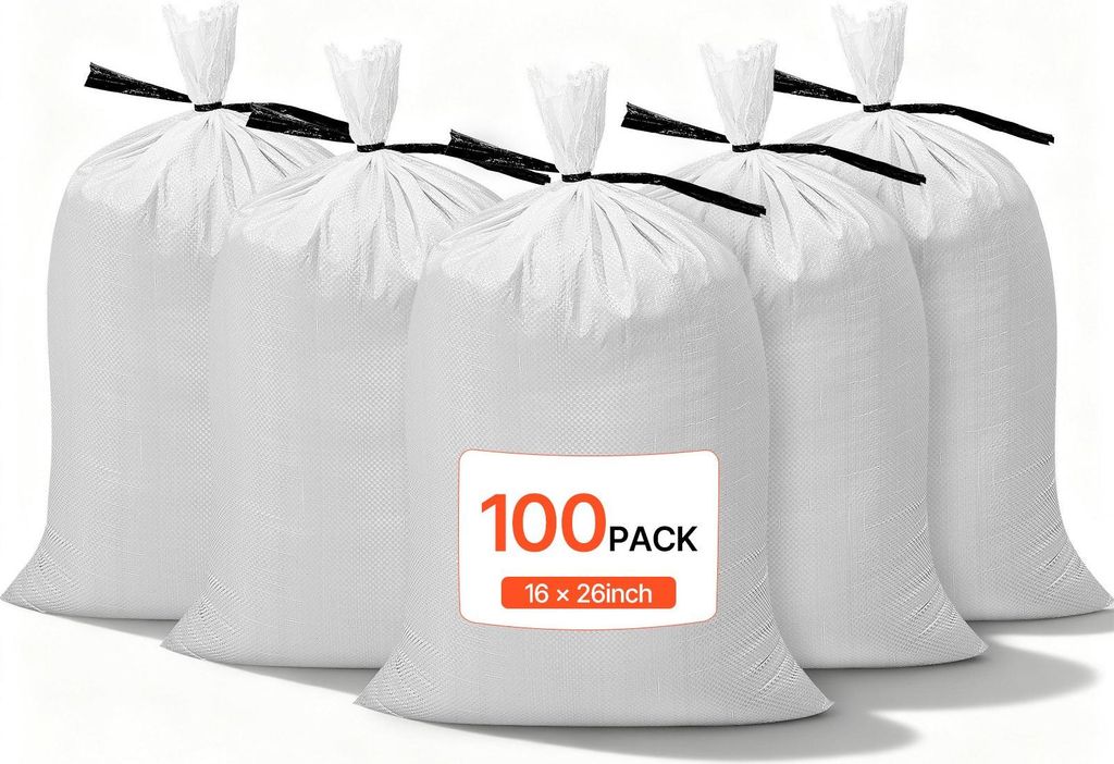 Sandsäcke für Hochwasser - Gewebesäcke 100er-Pack - Größe 40 x 66 cm - Mit Bindebändern - Belastbar bis 22,6 kg - Reißfest & UV-beständig -...