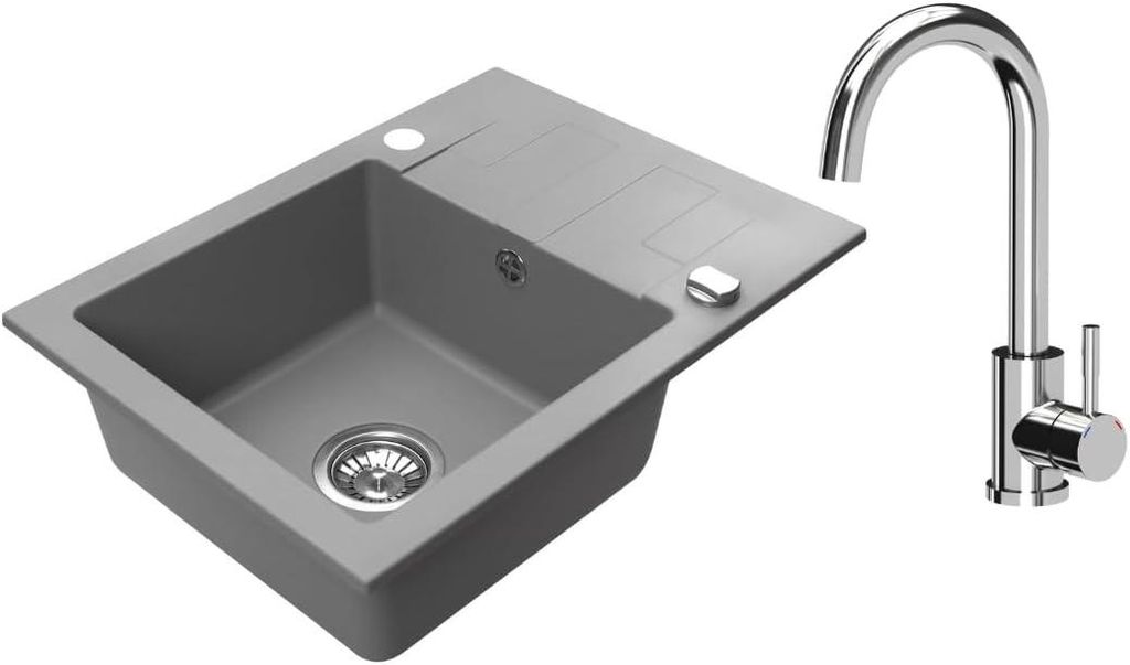 VBChome Granitspüle 59 x 44 cm Grau mit Armatur Einzelbecken Einbauspüle Reversibel Gesprenkelt Pflegeleichtes Spülbecken mit Siphon