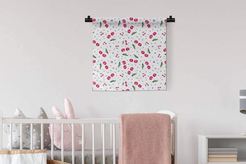 MuchoWow Wandteppich Wandbehang Kirschen - Weiß - Muster 60x60 cm Tapisserie Dekoration Wandtuch - Dekorationen - Wand Decke