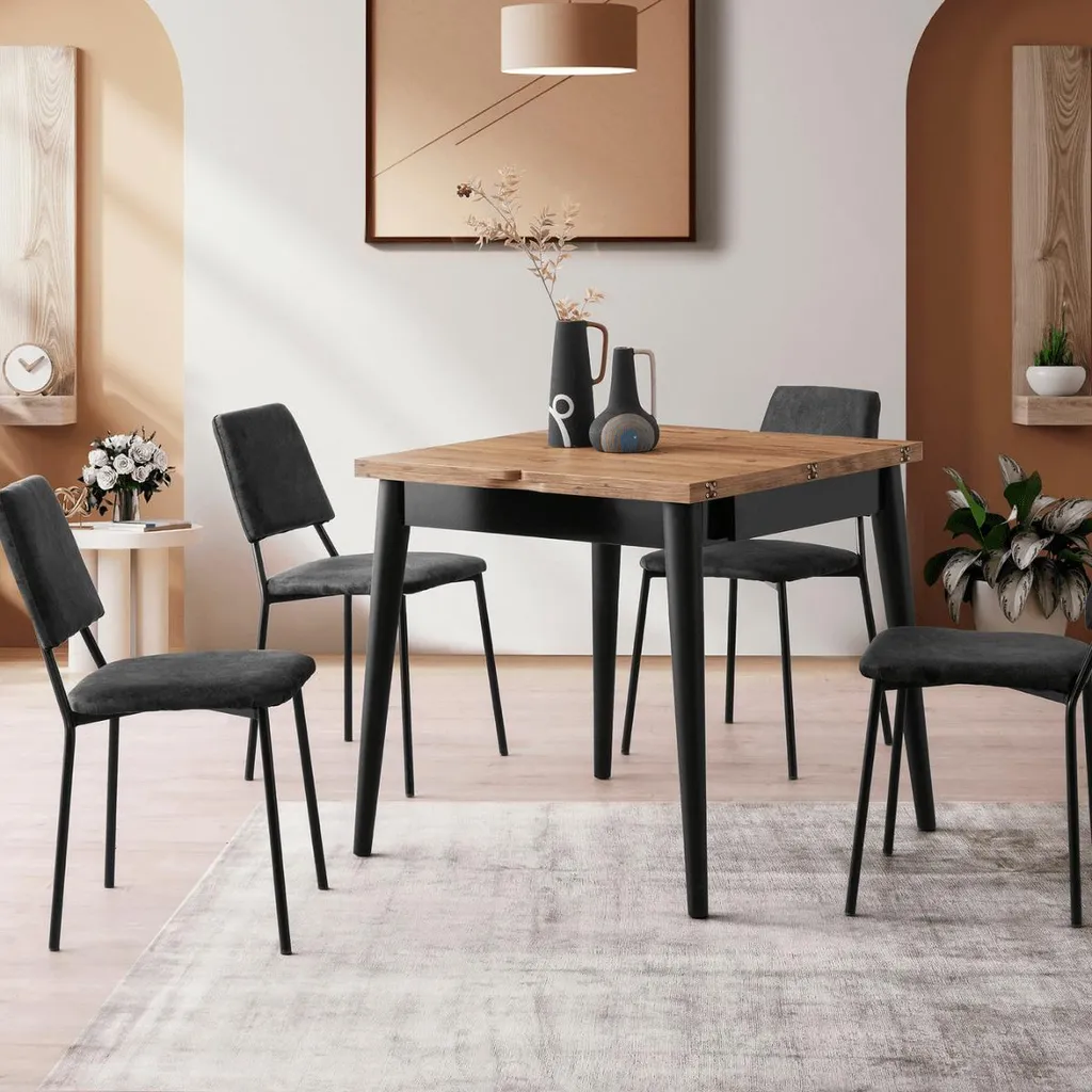 Table extensible design bois pin et noir 80 à 160 cm modèle TOTEM