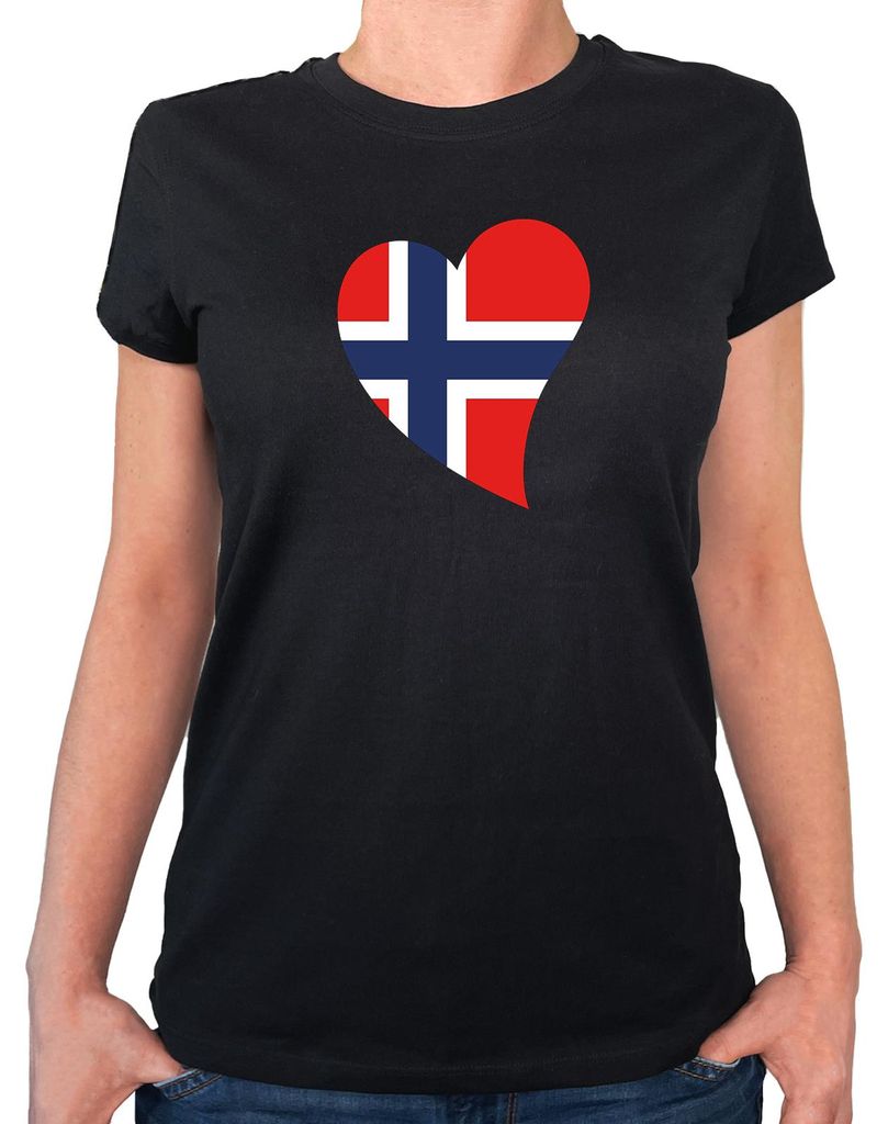 Huuraa Damen T-Shirt Norwegen Flagge Herz M Black Bio Baumwolle Fairtrade Damenshirt Geschenkidee