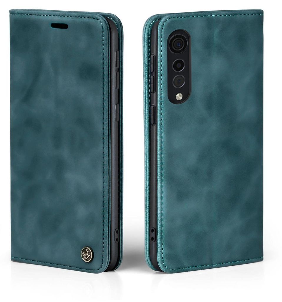 A teal flip case for a smartphone is shown from two angles.