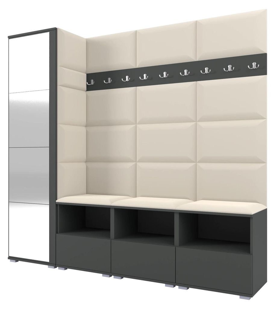 Garderobe NELA IX 200 cm Modulare Flurmöbel Graphit mit Spiegel & Sitzpolster Creme 01 (Breite Sitzbank)