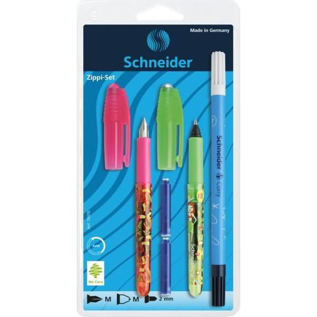 Schneider Zippi-Set mit je 1x Füller, Tinten- roller, Corry + 2 Patronen, Blister