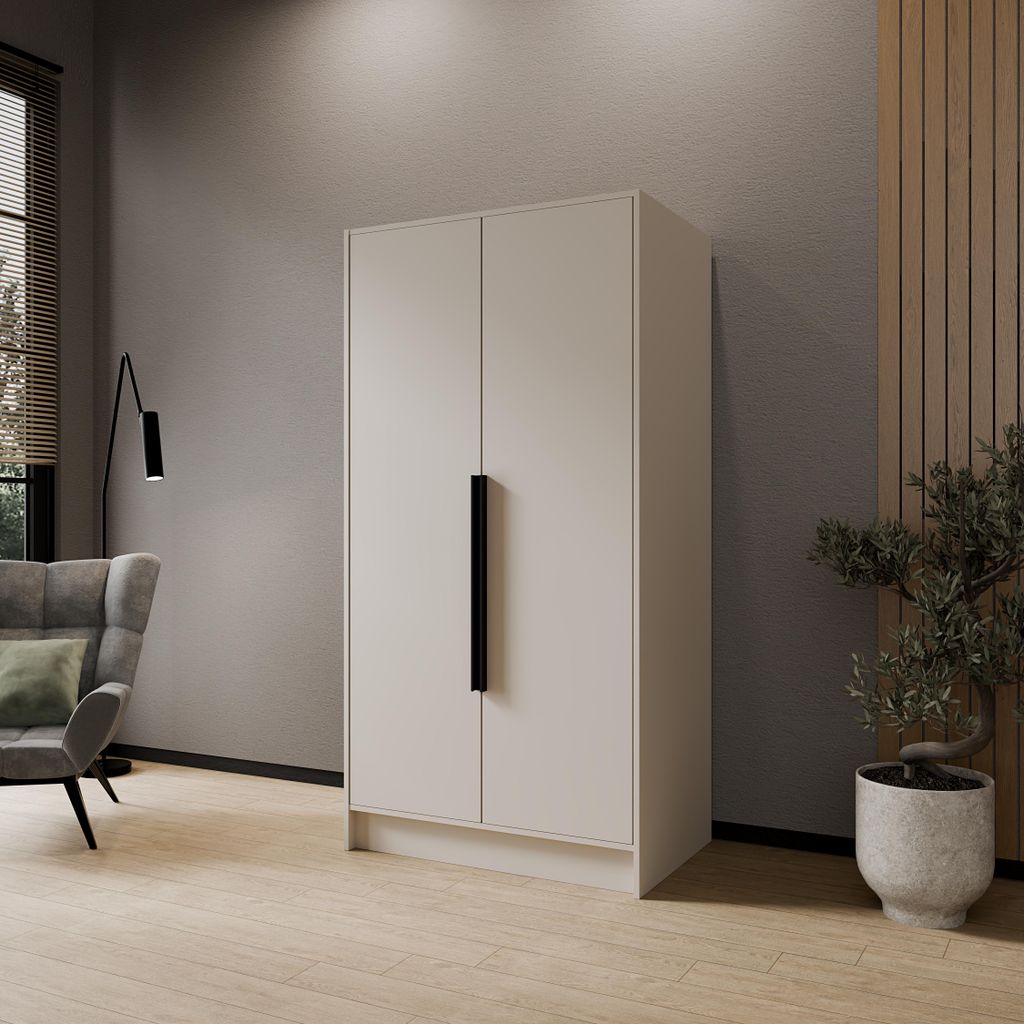 Drehtürenschrank PAVIA 100 cm Moderner Kleiderschrank mit glatten Türen, Kaschmir mit schwarze Griffe
