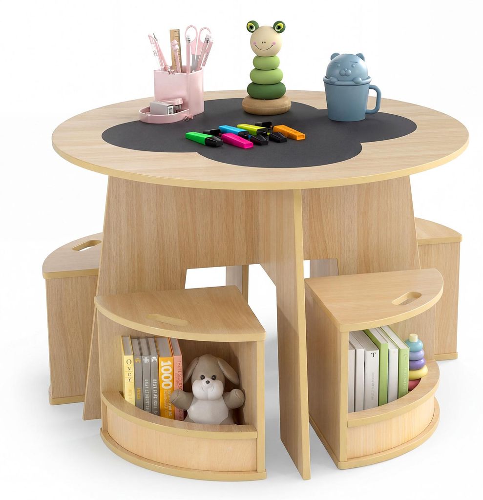 COSTWAY Kindertisch und Stuhl Set, 5 teilige Kindersitzgruppe aus Holz mit 4 Stauraumhocker, Maltisch, Sitzgruppe für Kinder ab 3+, 70x70x49 cm