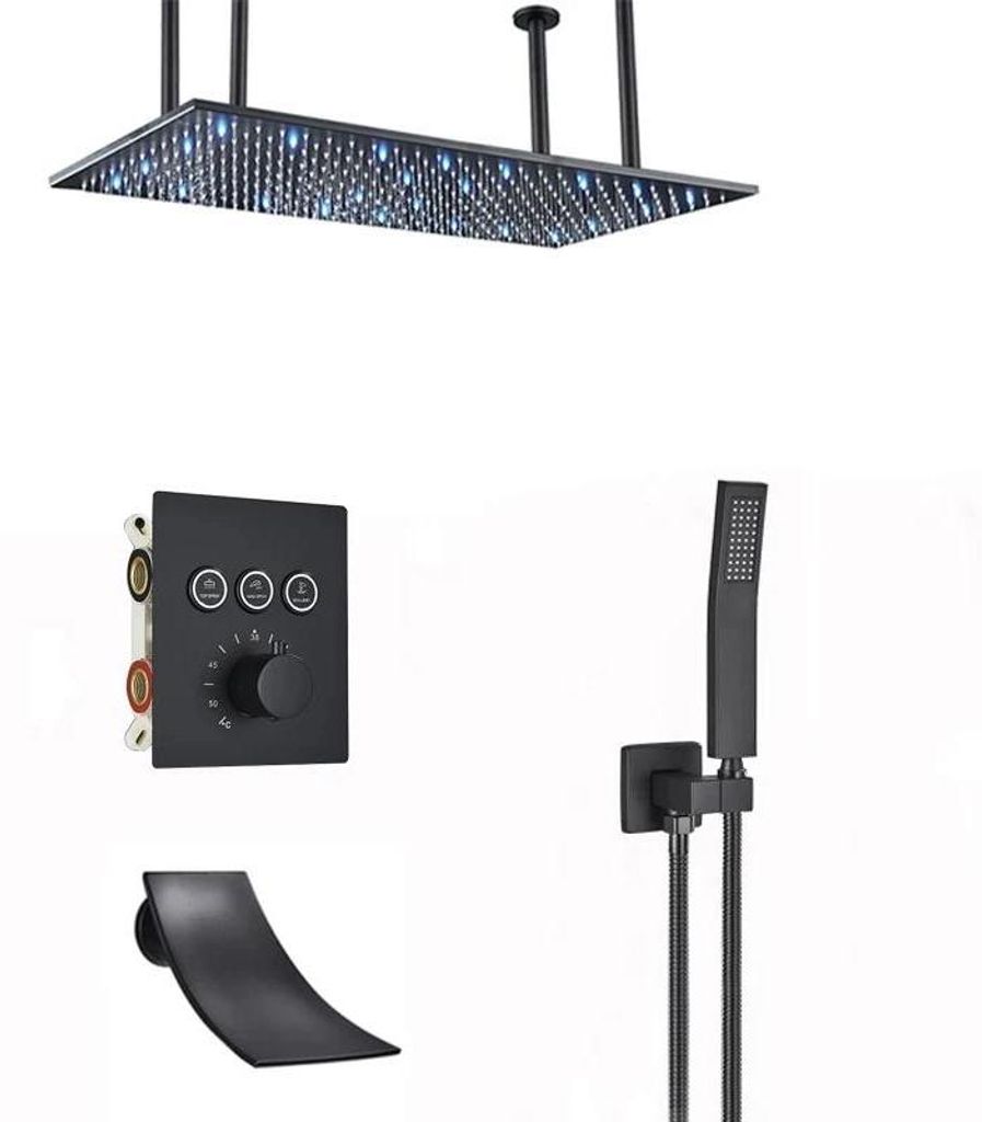 LED Duschkopf - 3-Wege Überkopfbrause - Wandmontage - Feste Halterung - Rechteckige Stabform - Edelstahl - Transparent