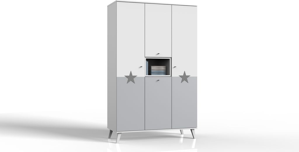 Drehtürenschrank "Rocky" in WEISS + LIGHT GREY mit 4 Türen und 4 Einlegeböden. Abmessungen (BxHxT) 125x202x55 cm