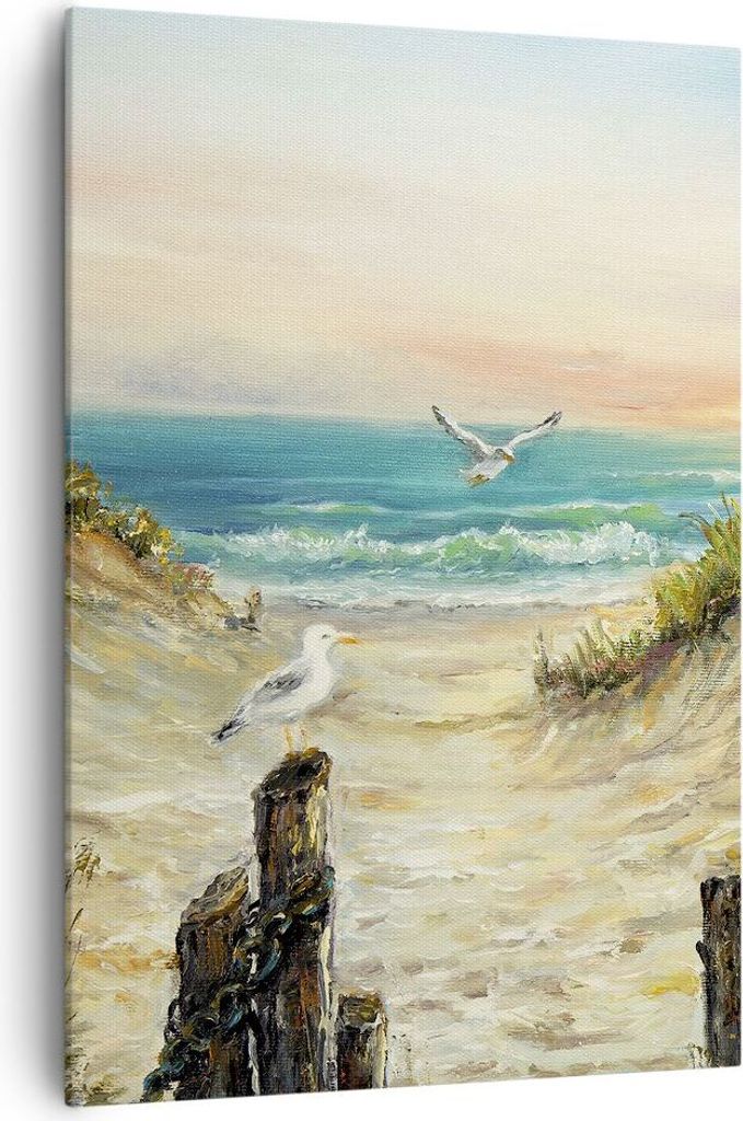 Bild auf Leinwand - Leinwandbild - Einteilig - Impressionismus Möwen Küste - 70x100cm - Wand Bild - Wanddeko - Wandbilder - Leinwanddruck - Wandd...