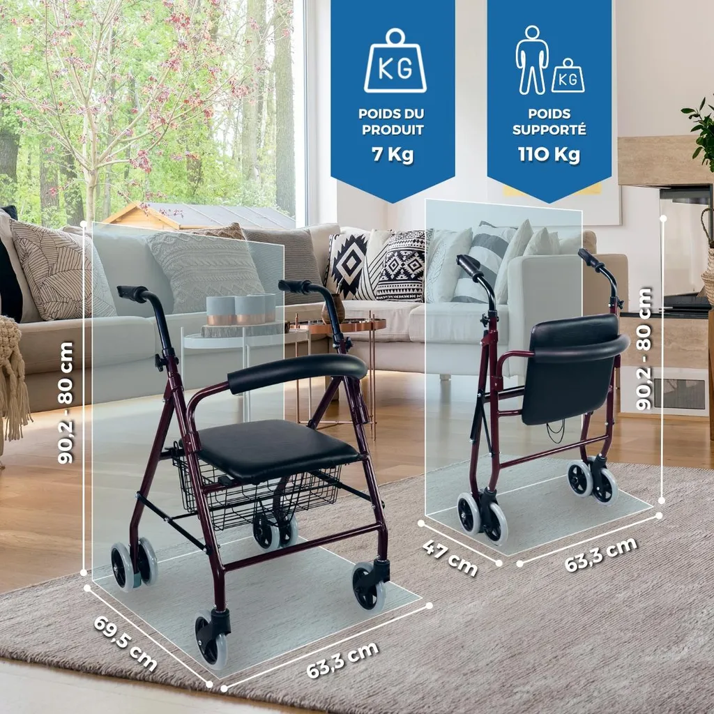 Rollator 4 Roues avec Siège Déambulateur Médical Pliable Bordeaux - 2