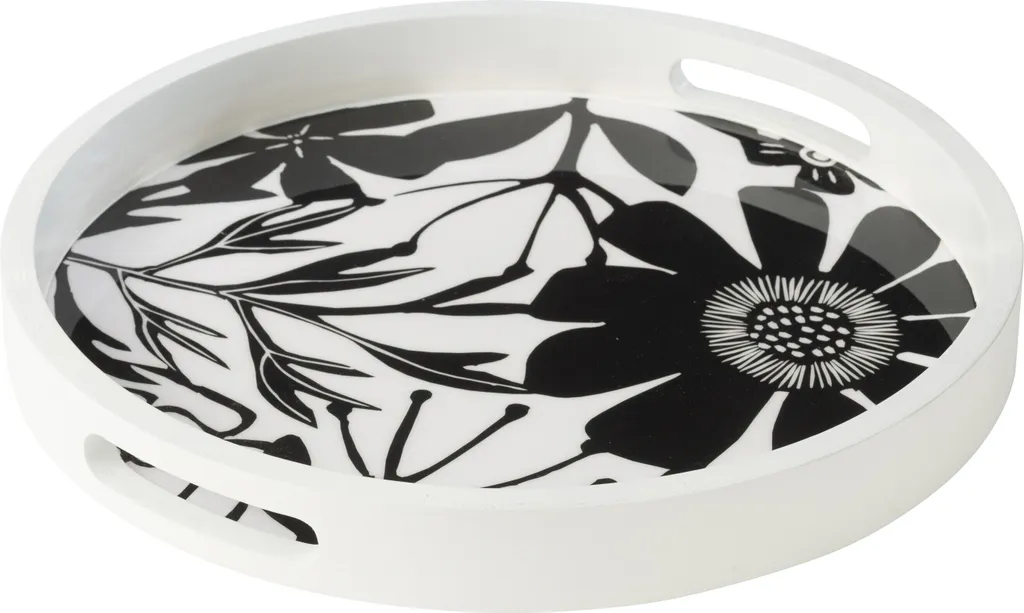 Plateau Bois de Manguier Noir et Blanc à Motif Fleurs avec Poignée