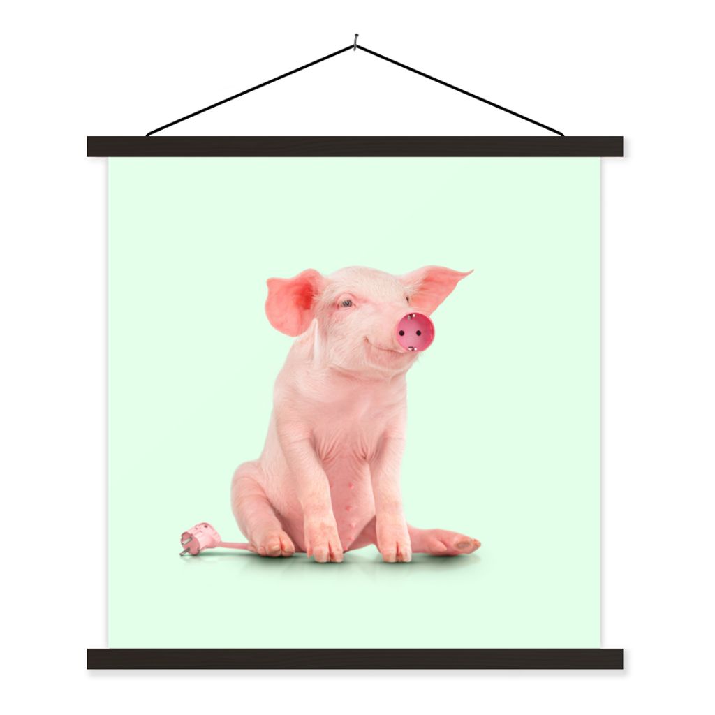 MuchoWow Textilposter Schwein - Rosa - Sockel - Tiere 120x120 cm mit schwarzem Rahmen - Aufhängungsset