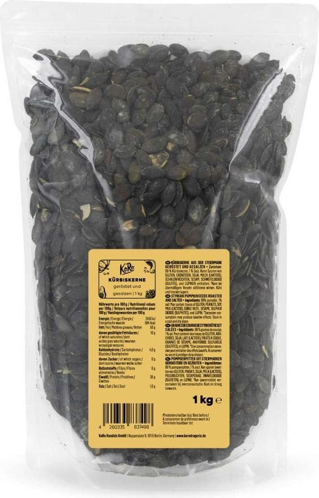 A bag of roasted and salted pumpkin seeds.