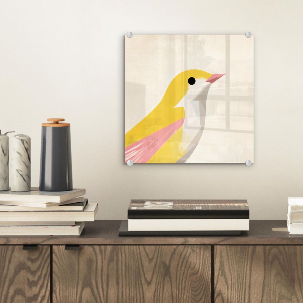 MuchoWow Glasbilder - Bilder auf Wandbild - Foto auf Glas Vogel - Minimalistisch - Gelb 30x30 cm Wanddekoration aus Glas - Acrylglasbild - Acrylbilder