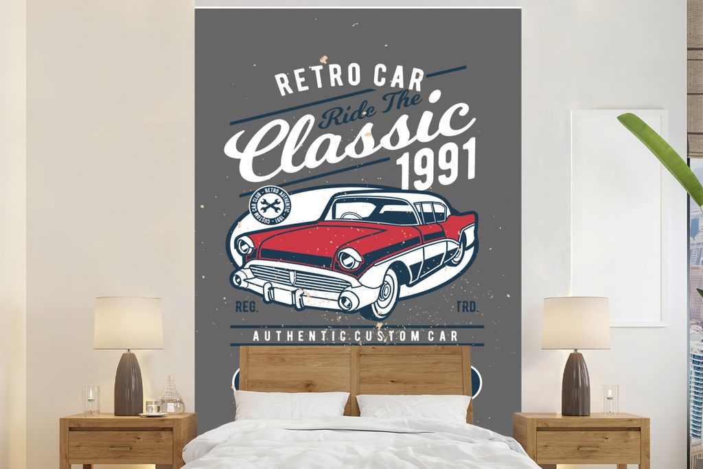 MuchoWow Fototapete für Wohnzimmer oder Schlafzimmer Wandtapete Vinyl Motivtapete Auto - Oldtimer - Werkzeuge - 200x300 cm - Wanddekorationen