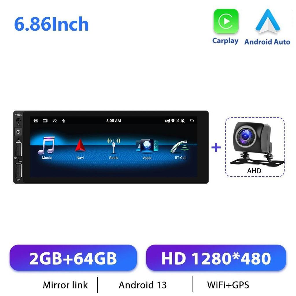 Autoradio - 1-DIN Android 13 Multimedia - 16,5 cm Touchscreen - CarPlay & Android Auto - 2 GB + 64 GB - WLAN, RDS - Mit Rückfahrkamera