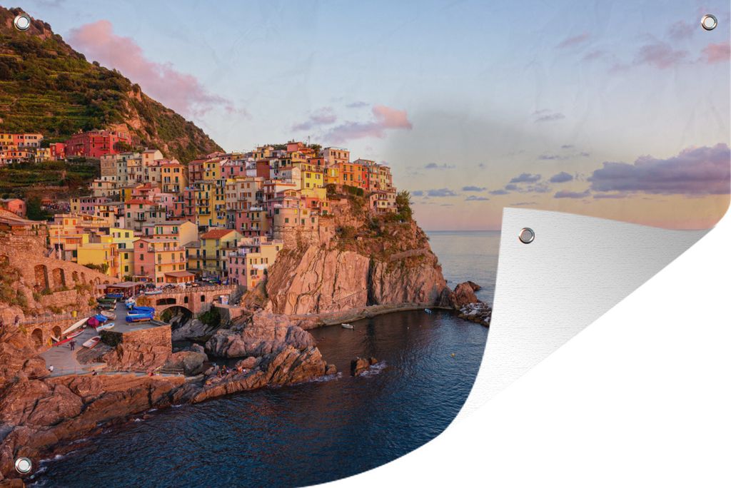 MuchoWow 60x40 cm Outdoor-Poster Gartendeko Sichtschutz Garten Poster für den Garten Eine orangefarbene Cinque Terre bei tiefstehender Sonne in ...