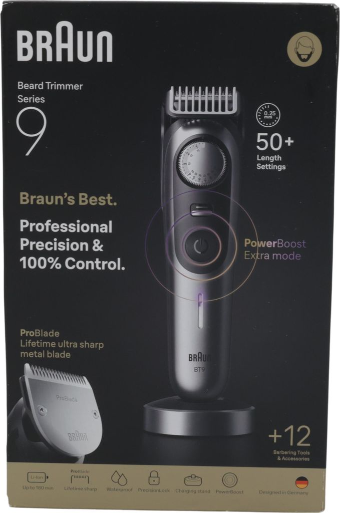 Braun BeardTrimmer 9 BT9560, Bateria, Czarny, Szary Zdjęcie produktu 