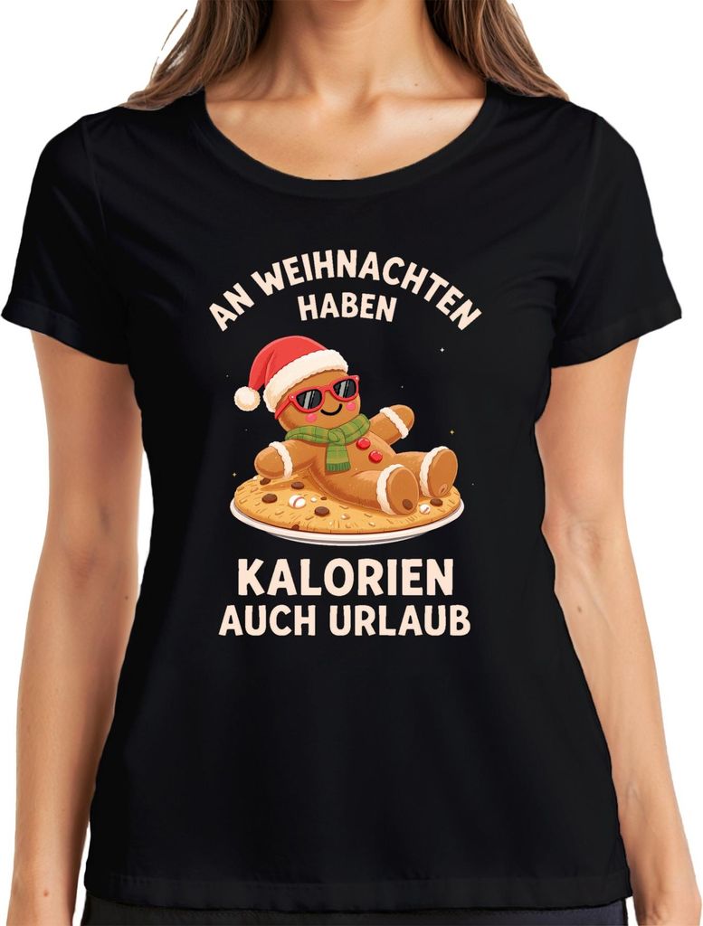 Lebkuchenmann Weihnachten Kalorien Urlaub Sonnenbrille Lustig Damen T-Shirt, Schwarz, S