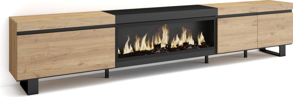 TV-Schrank, Lowboard, 288x35x57 cm, Für großformatiges TV, Elektrokamin XXL, Industriedesign, Eiche Schwarz