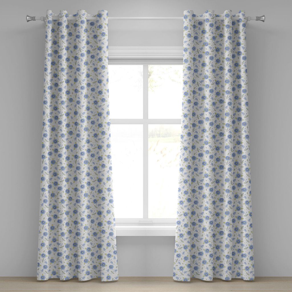 ABAKUHAUS Blumen Ösenvorhang, Blühende Sommer-Rosen-Blumen in den blauen Farben verlässt Punkte, Dekorative 2-Panel-Fenstervorhänge, 280 cm x 2...