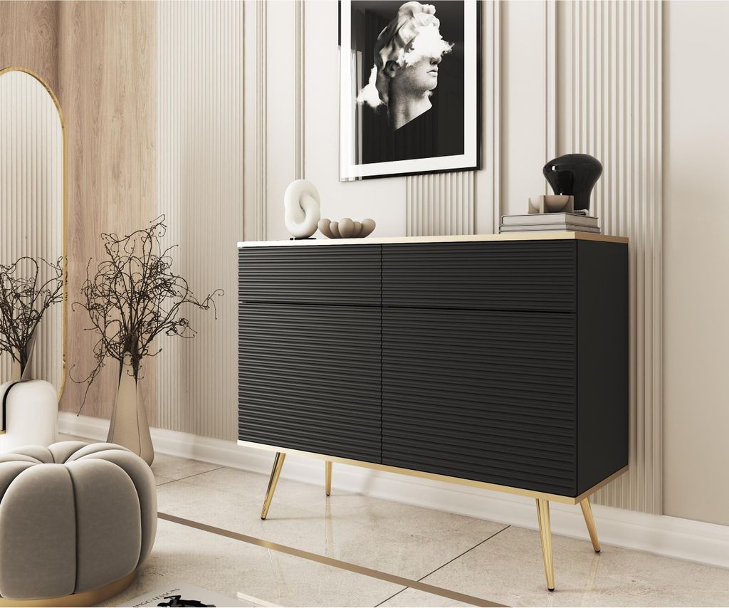 2-türig Kommode Gloss im glamour Stil Sideboard mit gerilltem Fronten Schrank mit Regalen und Schubladen modern Sideboard mit goldenen Zusätzen, ...