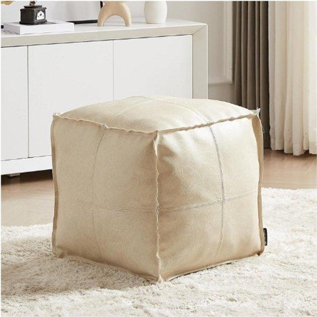 Handgefertigte Gartenmöbel - Quadratische Gartenbank 45x45 cm - Beige Kunstleder Marokkanische Stil - Für Wohnzimmer Balkon Büro Außen