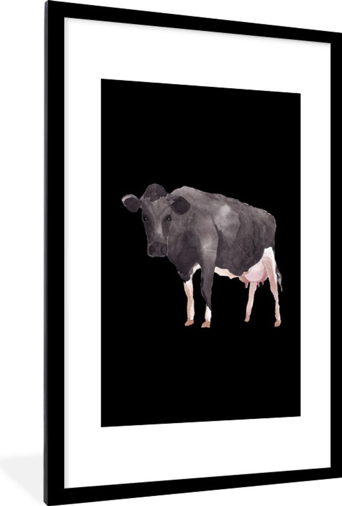 MuchoWow MuchoWow Gerahmtes Poster Kuh - Illustration - Schwarz 60x90 cm - Poster mit zchwarzem Bilderrahmen - Dekoration - Wandposter Wohnzimm...