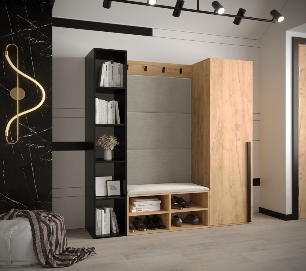 HARRISON Flurwand mit gepolsterten Paneelen – goldene Eiche, beige Paneele