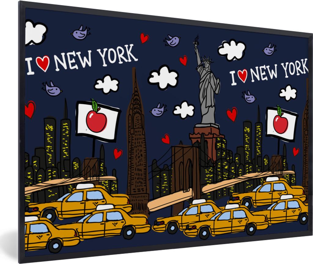 MuchoWow MuchoWow Gerahmtes Poster New York - Taxi - Freiheitsstatue 60x40 cm - Poster mit zchwarzem Bilderrahmen - Printing - Wanddeko Schlafz...