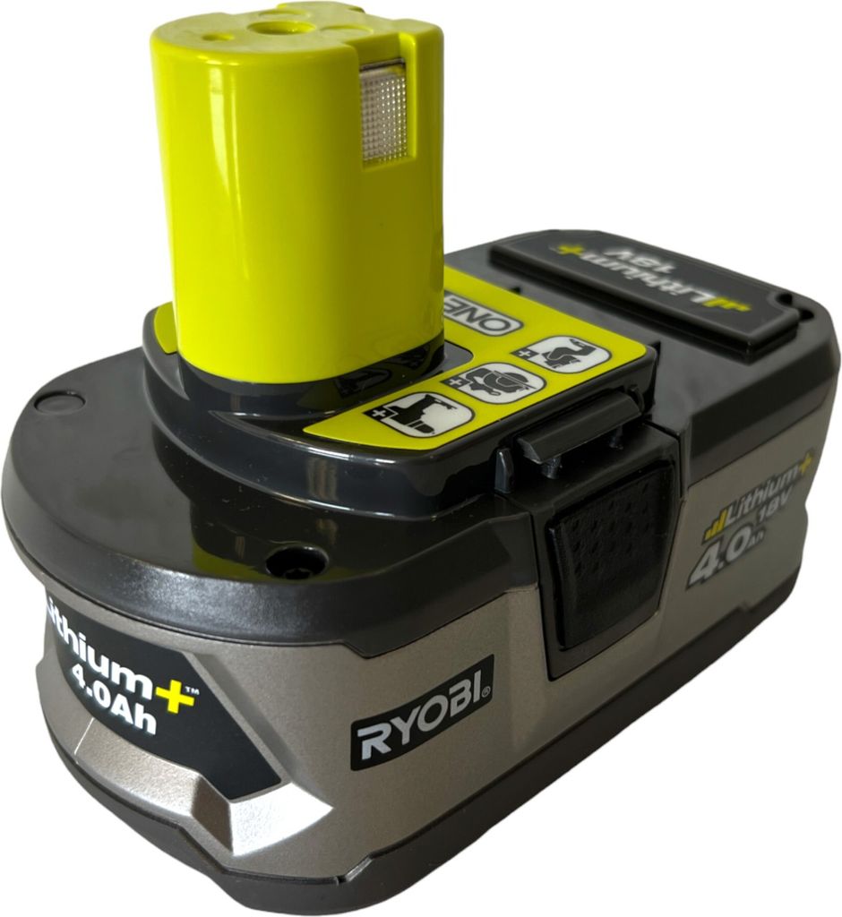 A Ryobi ONE+ 18V 4.0Ah Lithium+ battery pack is shown against a white background.