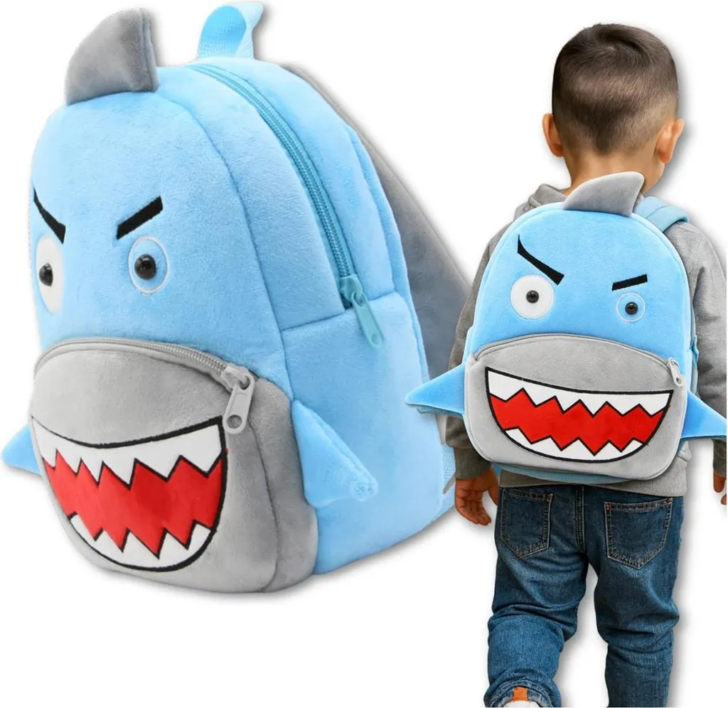 EDIBAZZAR | Zaino in peluche per bambini in età prescolare con cerniera e motivo a squalo