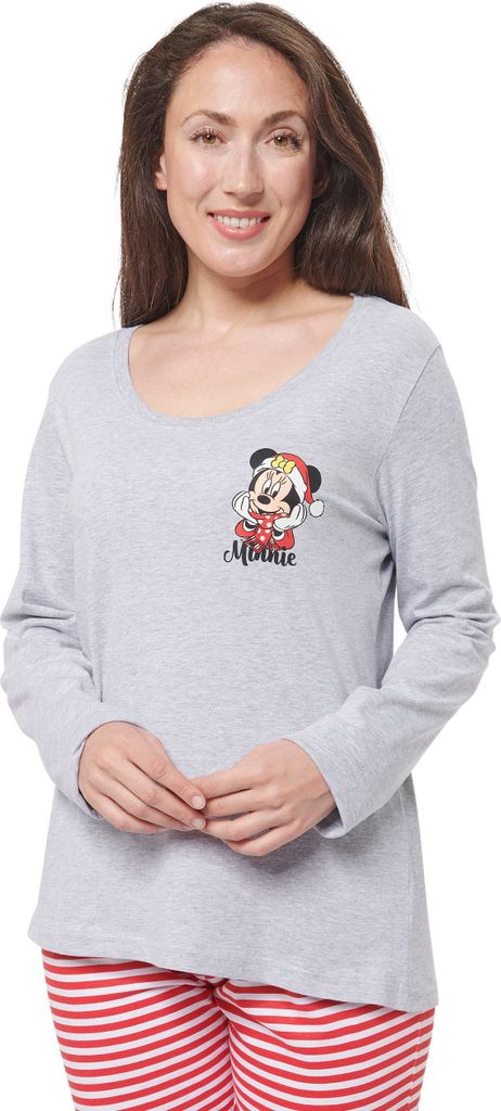Disney Minnie Mouse XMAS Schlafanzug für Damen - Christmas Winter Pyjama Set Weihnachten Langarm Oberteil mit Hose Grau/Rot S