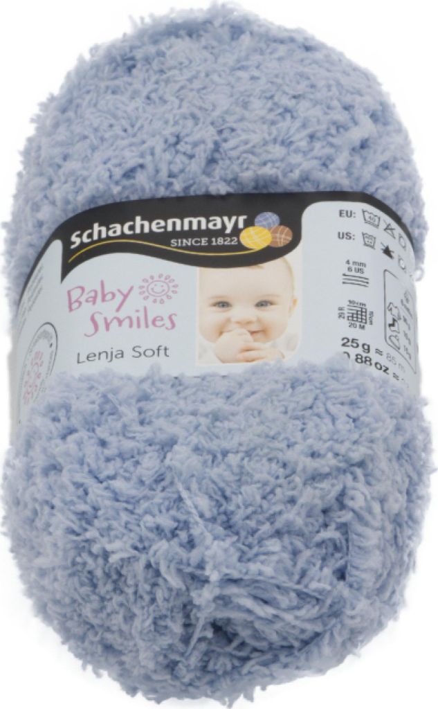 A ball of light blue, fuzzy yarn with a label showing a baby and brand information.