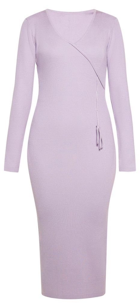 Damen Kleid Lila Größe L langärmlig mittellang V-Ausschnitt gerippt asymmetrisch Wickel-Detail tailliert