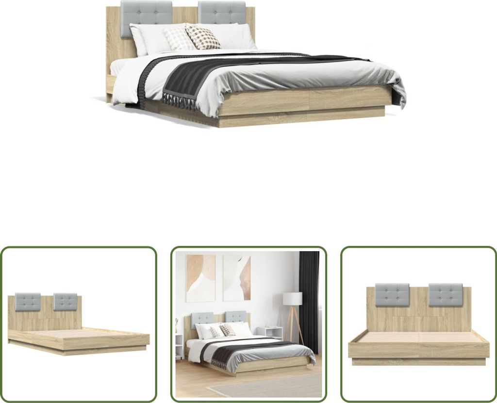 The Living Store Bettgestell mit Kopfteil Sonoma-Eiche 135x190 cm Holzwerkstoff