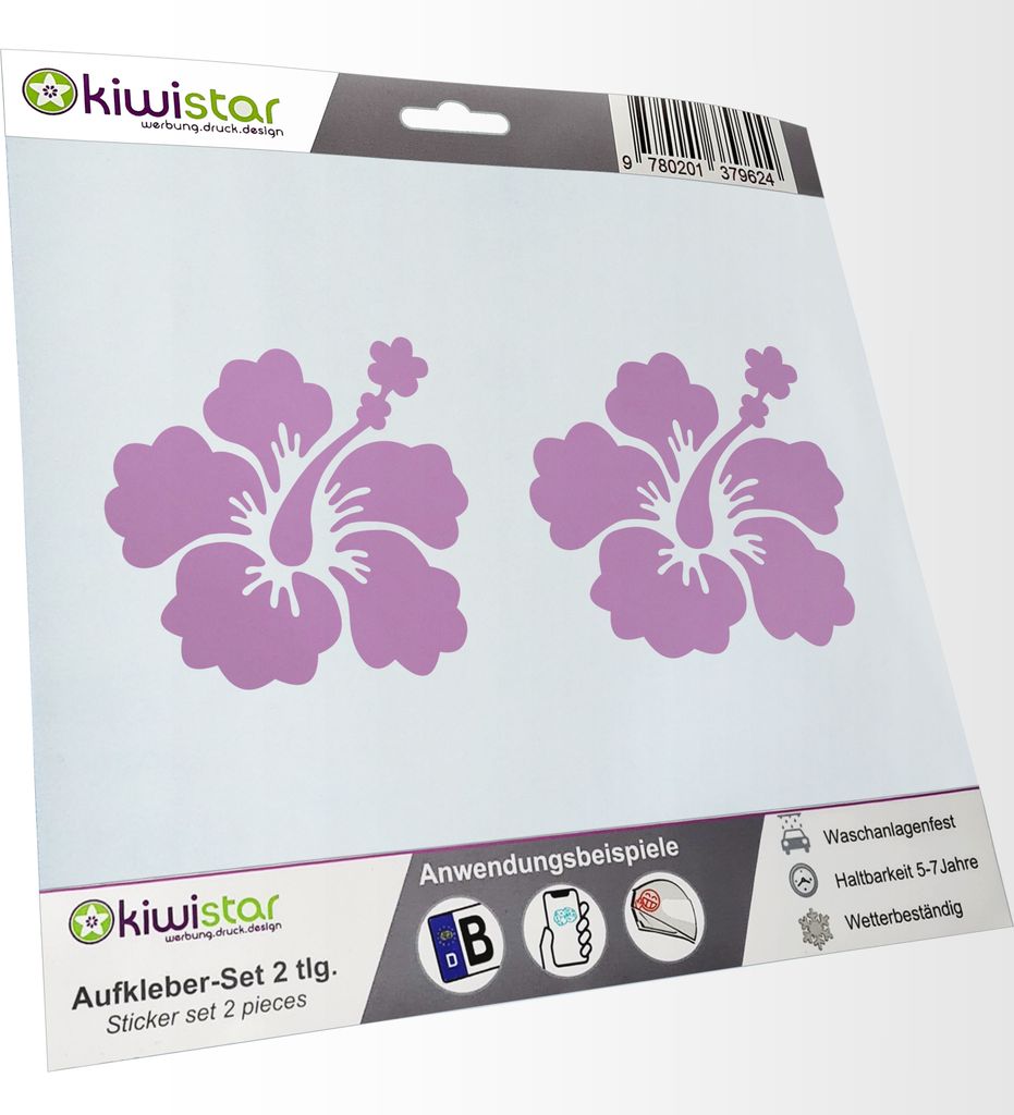 Kiwistar - 2x Kennzeichenaufkleber - flieder - 21 mm Hibiskusblüte - Hawaii - Autoaufkleber - Aufkleber für Auto, Laptop, Fahrrad, LKW, Motorrad ...