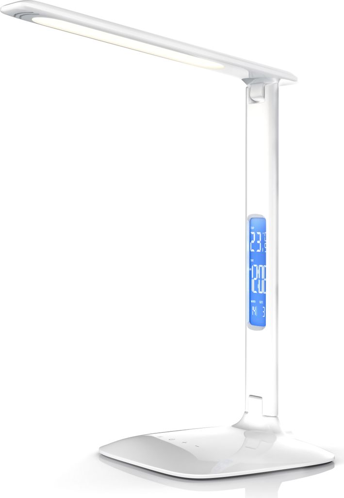 A white LED desk lamp with a digital display showing time and temperature.