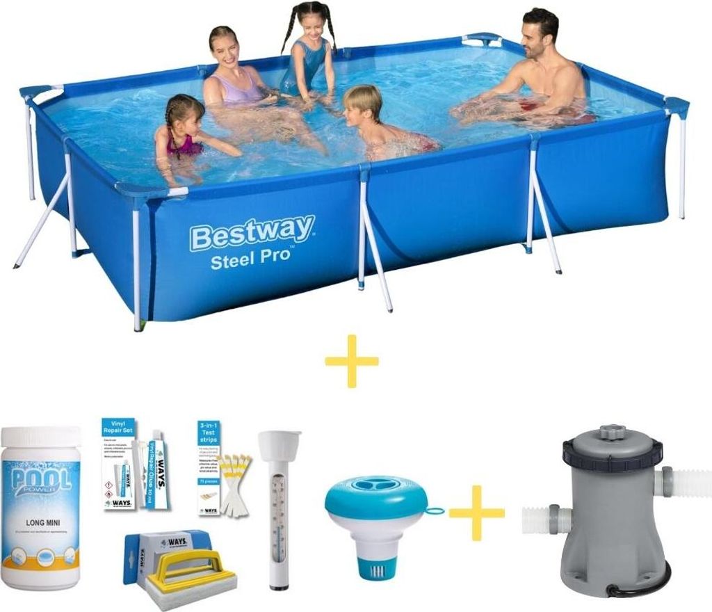 Bestway Pool - Steel Pro - 300 x 201 x 66 cm - Inklusive WAYS Wartungspaket & Filterpumpe