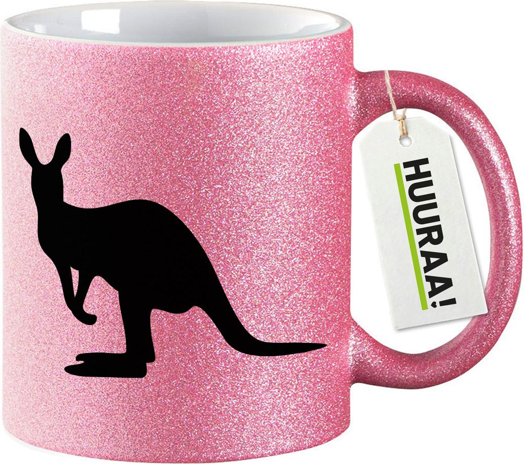 Huuraa Glitzertasse Kangaroo Silhouette 330ml Pink Keramik Kaffeebecher Geschenkidee