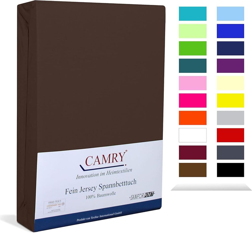 A product shot of a folded brown fitted sheet, with a swatch of available colors to the right.