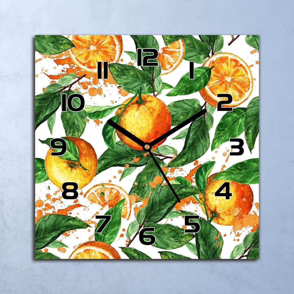 Wanduhr Echt-Glas-Küchenuhr Aquarell Orangen Quarz Lautlos 30x30 Deko Bilder