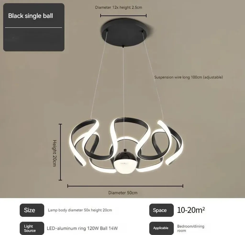 Lustre Design Noir 1 Boule avec Variation de Lumière et Commande à Distance