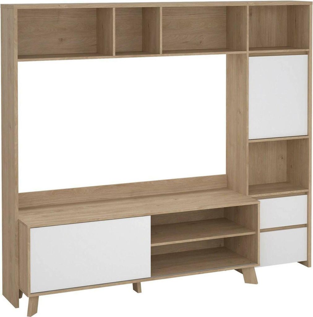 Mobile porta TV Nanette, Credenza da soggiorno, Armadio basso per TV, Base parete attrezzata, 209x48 h183 cm, Rovere e Bianco lucido