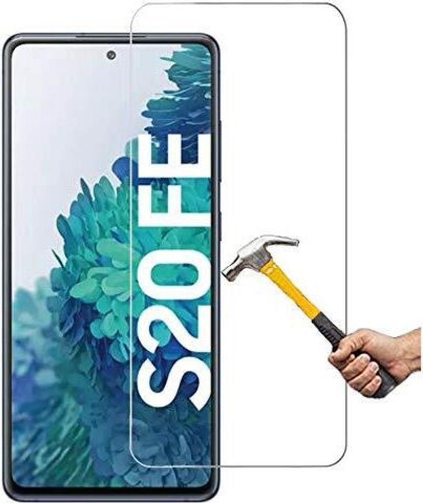 A smartphone screen protector is shown with a hammer about to strike it, demonstrating its durability.